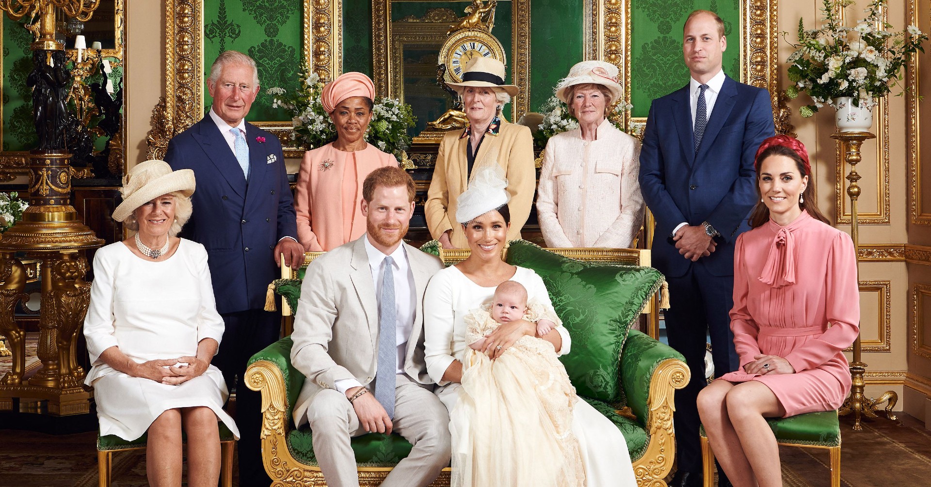 Kate Middleton, Duchess of Cambridge, Catherine, Duke of Cambridge, Prince William, Lady Sarah McCorquodale, Lady Jane Fellowes, Duchess of Sussex, Meghan Markle, Archie Harrison Mountbatten-Windsor, Duke of Sussex, Prince Harry, Ms Doria Ragland, Prince of Wales, Prince Charles, Duchess of Cornwall, Camilla at the Christening of Archie Harrison Mountbatten-Windsor at the private chapel at Windsor Castle, Windsor, Berkshire, UK, on the 6th July 2019